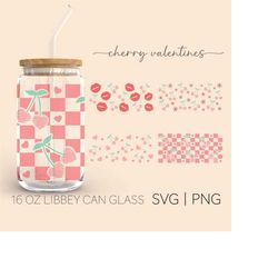 Cherry Hearts Valentines  16 Oz Glass Can Cut File, Lips Svg, Valentines Svg, Beer Can Glass Svg Cut Wrap File, Svg Wrap