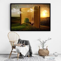 book and knowledge canvas wall art, forest inside the book canvas wall art, sunset and greenery canvas wall art