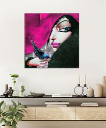 canvas print art of woman with pink hat, woman with pink lipstick canvas print art ready to hang on the wall, black bird
