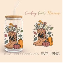 Cowboy boots with Flowers   16oz Glass Can Cutfile, Boho Autumn Coffee Glass SVG, Boho Can Glass Wrap, Libbey Beer Can G