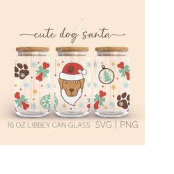 Cute Santa Dog  16oz Glass Can Cutfile, Merry Christmas Can Glass Svg, Dog Santa Svg, Dog Santa, Christmas Dog Svg, Digi