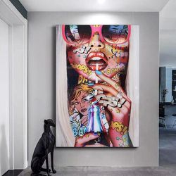 graffiti woman canvas wall art, woman with glasses canvas wall art, woman drinking coke canvas wall art, sexy woman canv