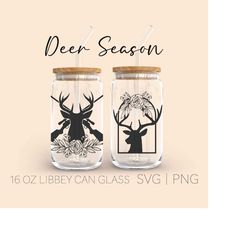 Deer Wreath Flowers Libbey Can Glass Svg, 16 Oz Can Glass, Deer Svg, Wreath Flowers Svg, Reindeer Svg, Cricut Cut File,