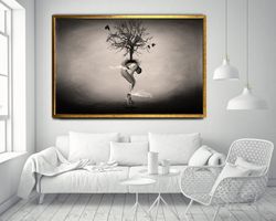 man born tree canvas print art, tree on human back canvas wall decor, tree and birds canvas print art