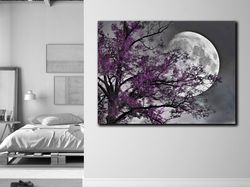 Purple Tree&Moon Print on Canvas,Purple Tree Landscape Canvas Wall Art,Full Moon Canvas Painting,Office Room Decor,Moon