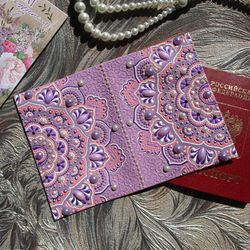 Leather passport holder, Hand painted passport cover, Lilac document holder, Passport wallet for women, Mandala passport