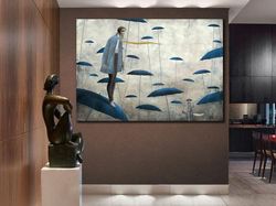 Surreal Man Canvas Wall Art,  Gabriel Pacheco Canvas Print, Umbrella Canvas Art, Modern Home Decor, Surreal Art Wall Dec