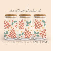 Christmas Checkered  16oz Glass Can Cutfile, Pine Tree Svg, Merry Christmas Svg, Svg Files For Cricut, Digital Download