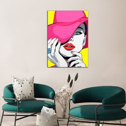 woman in pink hat canvas print art, pop art canvas wall decor, woman with blue eyes canvas print art ready to hang on th