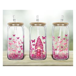 Breast Cancer Afro Gnomies 16oz Libbey Glass Sublimation Design, 16oz Libbey Glass Png, Breast Cancer Png, Gnomes Libbey