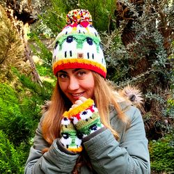 sheep-inspired hand-knit magic: sunset colored cozy beanies & warm hand warmers | unique knit accessories