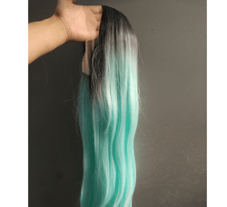 Front Lace Wig Long Straight Hair Female Middle Gradient Ombre Green Chemical Fiber Hood