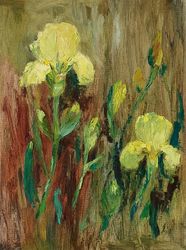 Yellow irises original oil painting on canvas on cardboard flowers wall art