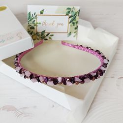 Purple pink crystals bridal headband, Boho gemstone headpiece, Quartz hair accessories bridesmaid, Boho wedding crown