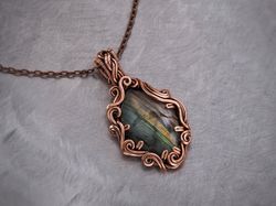 Labradorite pendant for women Wire wrap gemstone necklace Handmade artisan copper jewelry Gift idea for a girlfriend