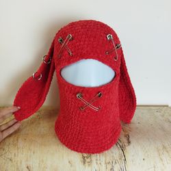 Red bunny hat with ears Dead bunny ear balaclava Fluffy bunny balaclava adults