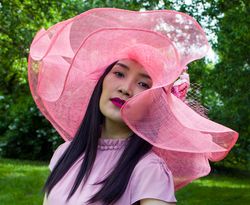 pink sinamay hat, Wide brim sinamay hat, Royal Ascot hat, wedding guest hat