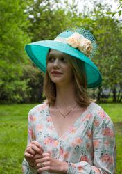 turquoise sinamay hat, wide brim sinamay hat, summer hat women, blue derby hat