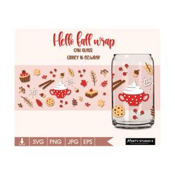 Hello fall svg,Coffee Glass wrap,autumn svg, thanksgiving svg ,Autumn Leaves,for libbey 16oz beer can glass svg ,Digital
