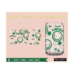 Lucky Smiley Can Glass Wrap Svg, Happy Go Lucky Svg, St Patricks Day Pattern Decal Full Wrap ,16oz Libbey Digital downlo