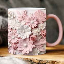 3D White Pink Flower Mug