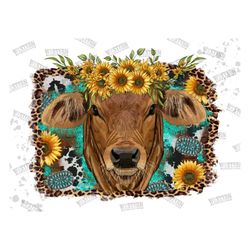 Gelbvieh Sunflower Bouquet Background Png, Sunflower Cow Png, Leopard Cow Png, Watercolor Cow, Farm Animals Png Design D