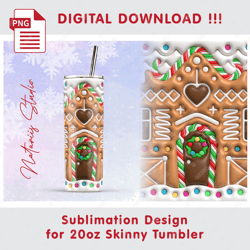 3D Inflated Puff Christmas Cookie House - Seamless Sublimation Pattern - 20oz SKINNY TUMBLER - Full Wrap