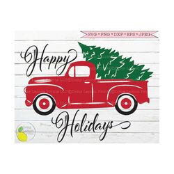 Christmas Truck svg, Red Truck Farmhouse Christmas Tree svg  Happy Holidays Decoration svg files for Cricut Downloads Si
