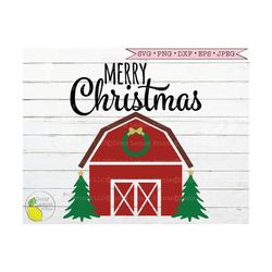 merry christmas barn svg, wreath farmhouse christmas tree svg  holiday decoration svg files for cricut downloads silhoue