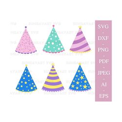 birthday party hats svg files for cricut, hats png , silhouette, dxf cut file, birthday party clipart, pdf.