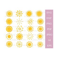 20 Sun SVG Files For Cricut, Sun SVG Bundle, Sun Png Dxf Pdf, Sun Clipart For Stickers, Logo, Cricut Projects, Digital D