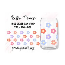 retro flower libbey wrap, daisy glass can wrap svg, 16oz beer can glass svg, boho flower svg, coffee glass can svg, groo