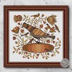 Cross Stitch Pattern, Pumpkins, Bird Pattern Happy Autumn, Happy Harvest, Fraktur, Digital PDF 369