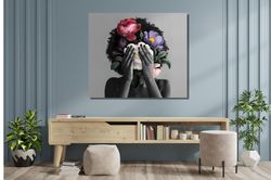african american woman with flowers poster, flowers gallery wrap, canvas print- african american art, free shipping, lar