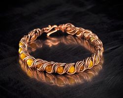 Natural yellow agate bracelet for woman Unique woven copper wire bracelet WireWrapArt artisan jewelry One of kind
