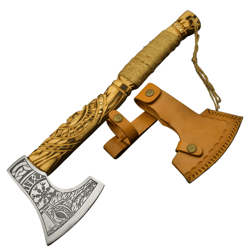 ad&sons viking axe, custom handmade carbon steel camping axe, tomahawk bearded camping hatchet with sheath,