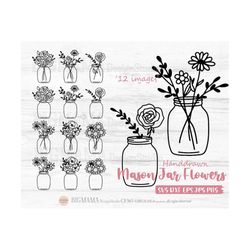 Mason Jars Flowers Bundle SVG,Floral,Mason Bottle,Glass Jars,Monogram Frame,Vase,Name,Outline,Jars Clipart,DXF,PNG,Insta