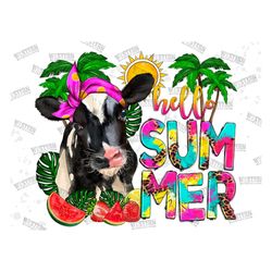 Hello summer with cow png sublimation design download, western summer png, summer vibes png, cute cow png, sublimate des