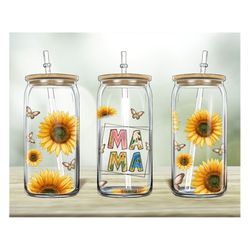 Mama Sunflower Butterfly 16oz Libbey Glass Png, 16oz Libbey Cup,Glass Can Wrap, Mama Design Png, Sunflower Png, Digital