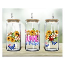 Summer Vibes Flowers 16oz Libbey Glass Png, 16oz Libbey Cup, Libbey Cup Png Sublimation Design, Summer Design Png, Digit