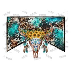 Boho Feathers Sunflower Crown Bull Skull Png, Sunflower Boho Bull Skull PNG Sublimation Design, Feather Png, Western Bul