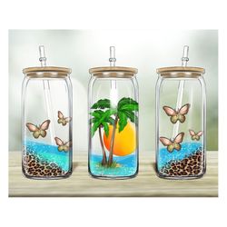 Sunset Beach Butterfly 16oz Libbey_Glass Png, Summer Design Png, Palm Tree Png, Tumbler Sublimation Design,Digital Downl