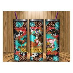 Western Animals 20oz Skinny Tumbler Png, Rooster Duck Chicken Cow And Pick With Sunflower Bouquet Png,Western Animals Tu