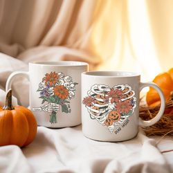 Retro Style Halloween Skeleton and Flowers Mug  Halloween Cup  Spooky Mug