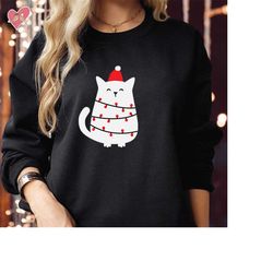 SWEATSHIRT (5080) SANTA CAT Wearing Hat Christmas Lights Sweatshirts Funny Xmas Cute Kitty Cats Lover Men Women Kids Meo