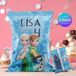 Disney Frozen Chip Bag Template, Elsa Chip Bag Birthday Girl Canva Editable and Printable Digital Download
