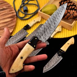 Custom Handmade Damascus Steel Chef's Kitchen Knife Set with Leather Roll Bag-Gift for Her