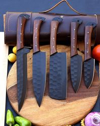Custom Handmade Stainless Steel Black Epoxy Powder Coated Chef's Kitchen Knife Set with Leather Roll Bag-Gift for Her