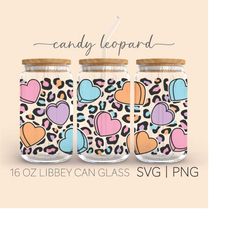 Candy Hearts Leopard  16 Oz Glass Can Cutfile, Candy Heart Svg, Conversation Hearts, Leopard Svg, Valentine's Day, Cricu