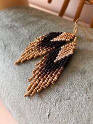 Black\gold fringe ombre beaded earrings, high quality handcrafted jewelry, boho, bohemian, gypsy, hippie ethic style